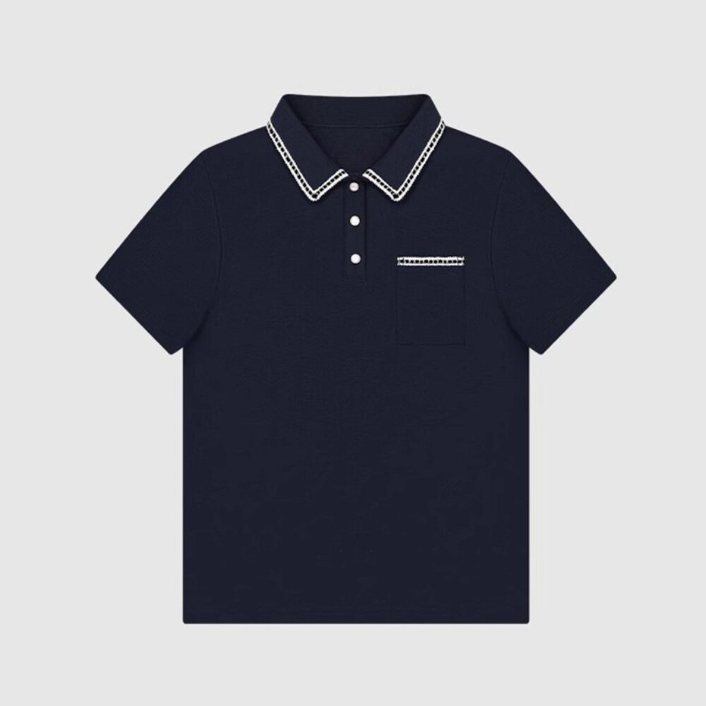 B.Sure Navy Blue Lapel Beaded Short-Sleeved T-Shirt